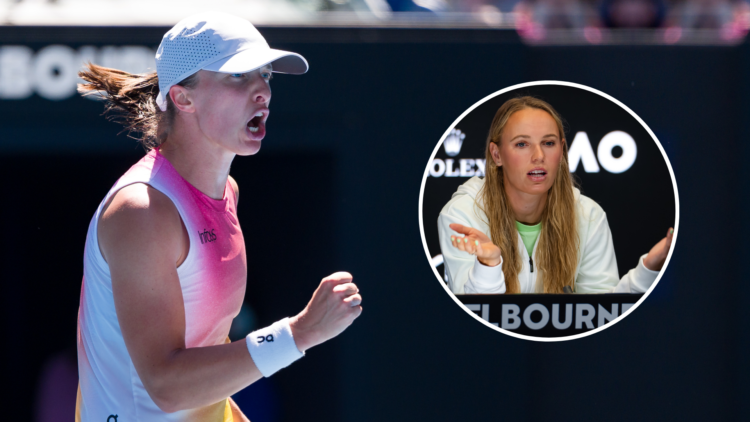 Iga Swiatek at the 2025 Australian Open with an inset of Caroline Wozniacki