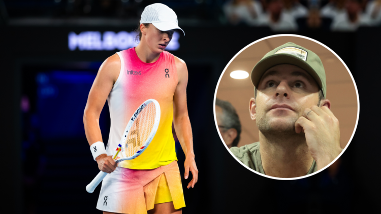 Iga Swiatek looking upset during her Australian Open match with an inset of Andy Roddick