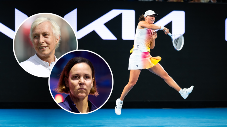 Iga Swiatek on court at the Australian Open on Thursday, with Martina Navratilova and Lindsay Davenport as insets