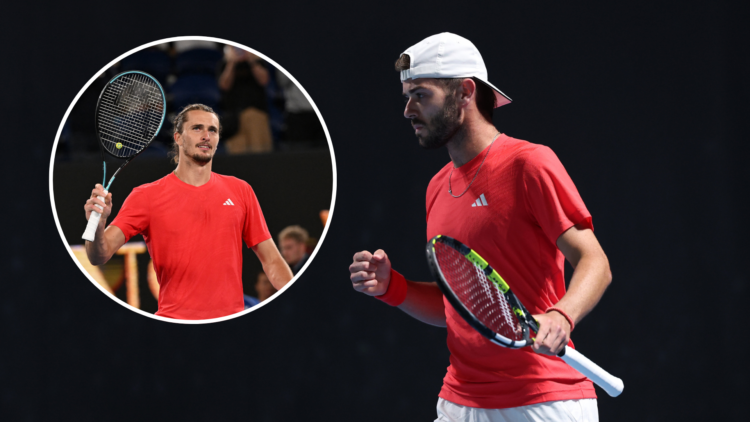 Jacob Fearnley (playing at the 2025 Australian Open) with an inset of Alexander Zverev (at the 2025 Australian Open)