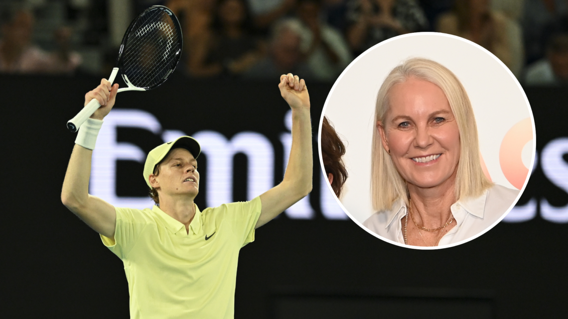 Jannik Sinner at the 2025 Australian Open, with an inset of Rennae Stubbs at the Australian Open, smiling