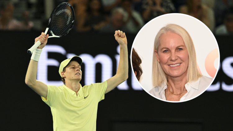 Jannik Sinner at the 2025 Australian Open, with an inset of Rennae Stubbs at the Australian Open, smiling