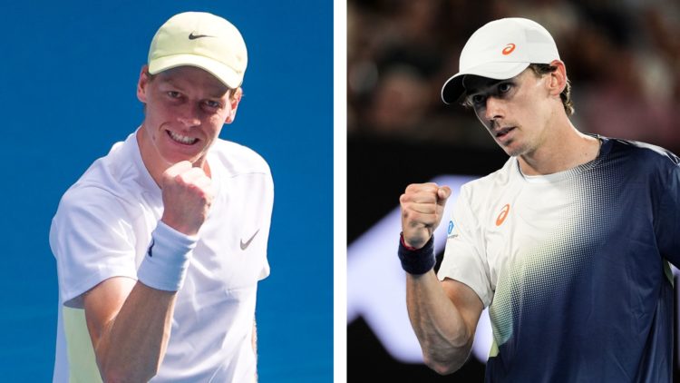 ATP Tour world No1 Jannik Sinner (left) celebrates winning his Australian Open fourth-round match against Holger Rune. Alex de Minaur (right) celeb...