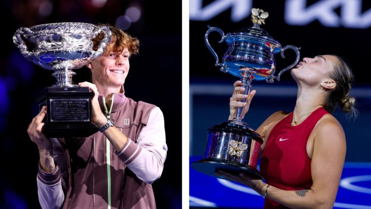 Jannik Sinner (left) celebrates winning the 2024 Australian Open men's singles title. Aryna Sabalenka (right) celebrates winning the 2024 Australia...