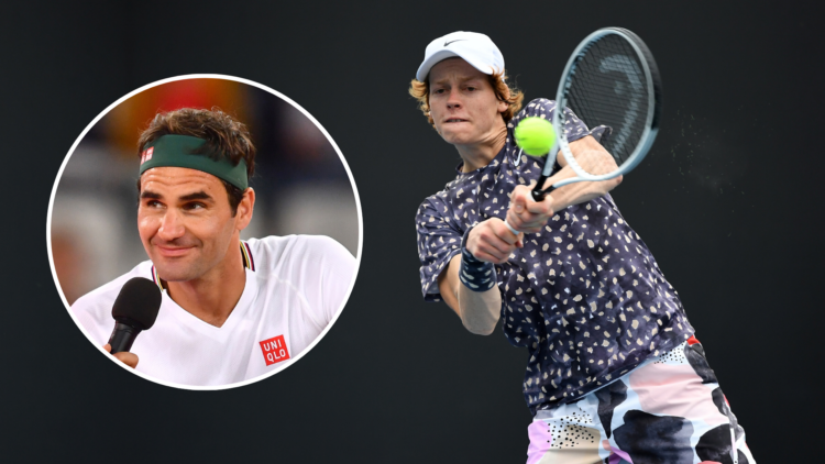 Jannik Sinner at the 2020 Australian Open, with an inset of Roger Federer talking from 2020