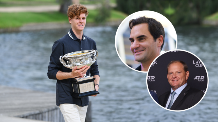 Jannik Sinner holding the trophy with a lake in the background with an inset of Roger Federer and his agent Tony Godsick