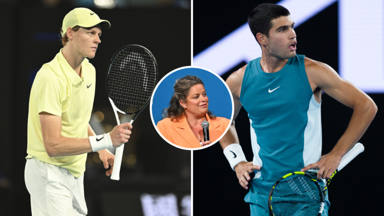 Jannik Sinner and Carlos Alcaraz both playing at the 2025 Australian Open, with an inset of Kim Clijsters