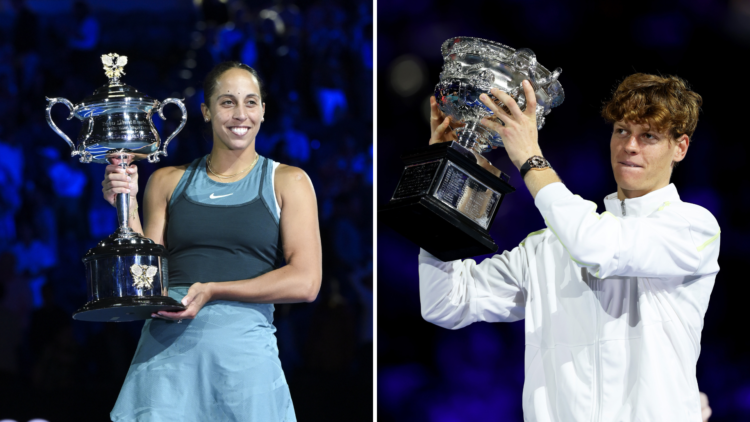 Jannik Sinner and Madison Keys both holding their trophies at the Australian Open