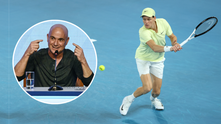 Jannik Sinner at the 2025 Australian Open (playing) with an inset of Andre Agassi
