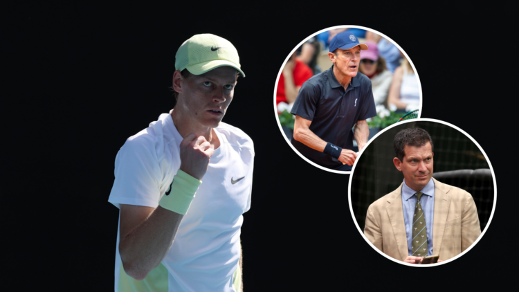 Jannik Sinner at the 2025 Australian Open with insets of Tim Henman and Mats Wilander