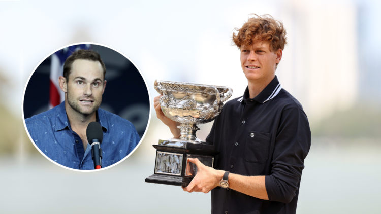 Jannik Sinner holding the Austraian Open title with an inset of Andy Roddick