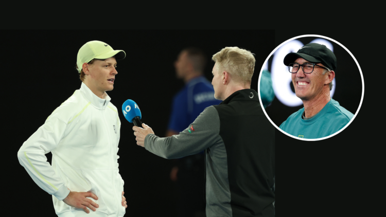 Jim Courier's on-court interview with Jannik Sinner after his latest win at the Australian Open with an inset of Darren Cahill