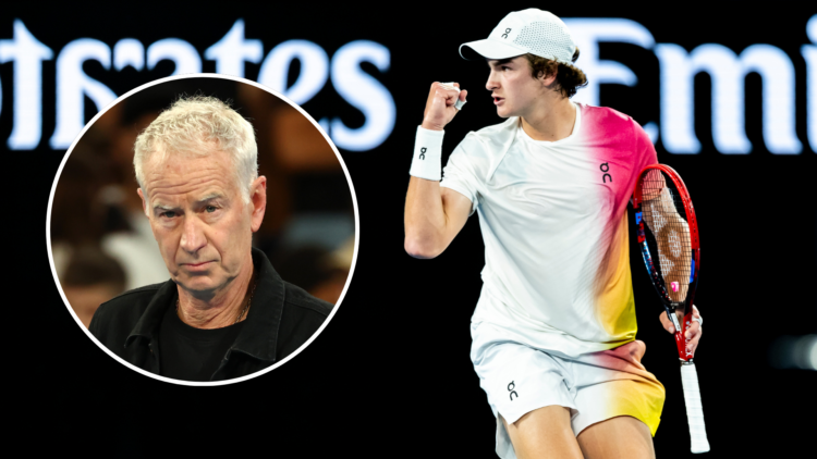 Joao Fonseca playing yesterday with an inset of John McEnroe