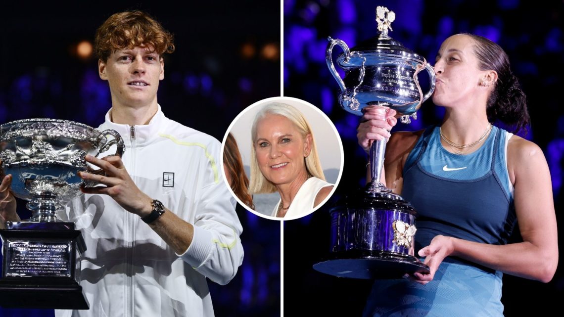 Split image of Madison Keys and Jannik Sinner with their Australian Open titles and Rennae Stubbs as an inset