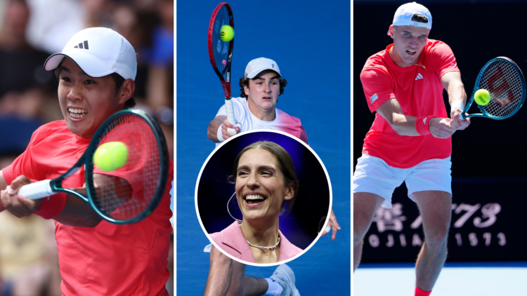 split image of [Left to right] Learner Tien, Joao Fonseca, and Jakub Mensik (all at the 2025 Australian Open) with an inset of Andrea Petkovic smiling