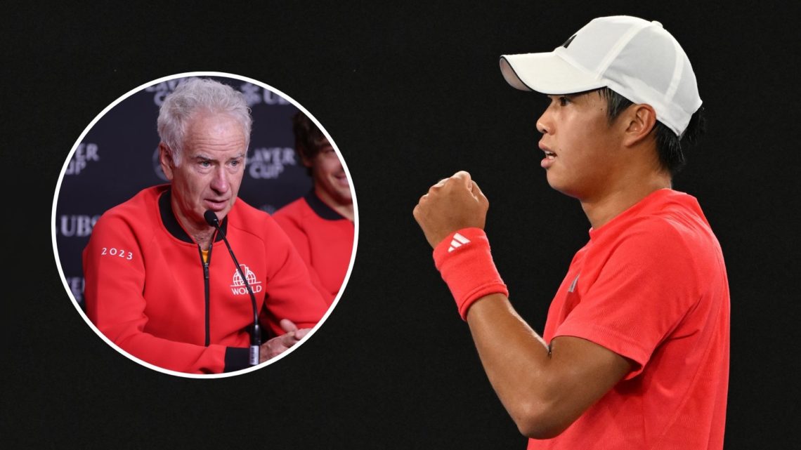 USA's Learner Tien reacts after a point against Russia's Daniil Medvedev. Inset, John McEnroe.