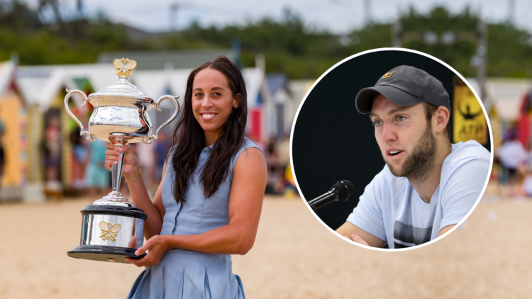 Madison Keys holding the Australian Open trophy, with an inset of Jack Sock speaking