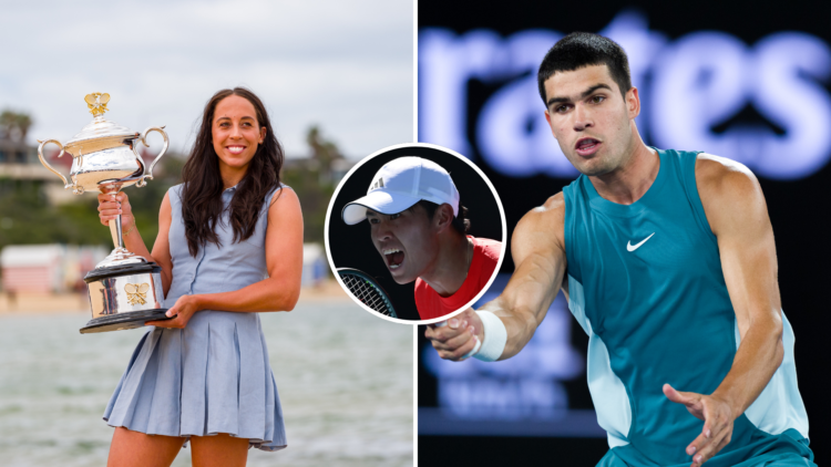 Madison Keys holding the trophy, Carlos Alcaraz and then an inset of Learner Tien