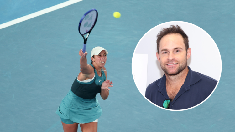Madison Keys serving with an inset of Andy Roddick