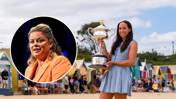 Madison Keys with the Australian Open title with an inset of Kim Clijsters