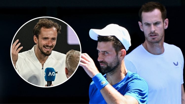 Andy Murray and Novak Djokovic together (training 2025 Australian Open) with an inset of Daniil Medvedev