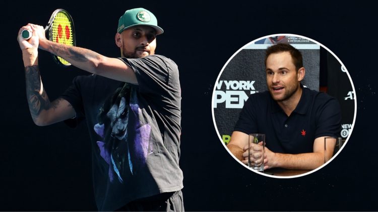 Nick Kyrgios training at the Australian Open with an inset of Andy Roddick talking