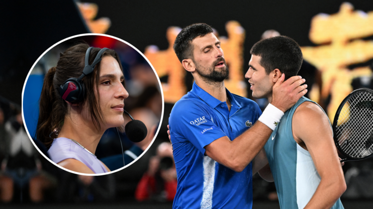 Carlos Alcaraz and Novak Djokovic at the net (2025 Australian Open) with an inset of Andrea Petkovic wearing a microphone and headset