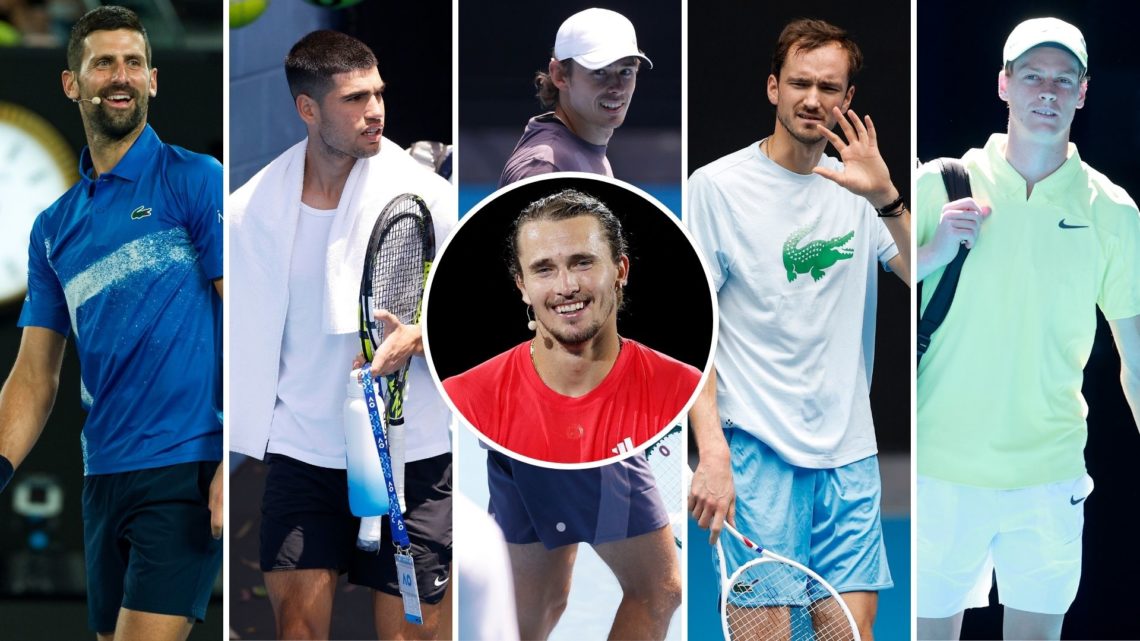 Novak Djokovic, Carlos Alcaraz, Daniil Medvedev, Alex de Minaur, and Jannik Sinner (all at the Australian Open) with an inset of Alexander Zverev