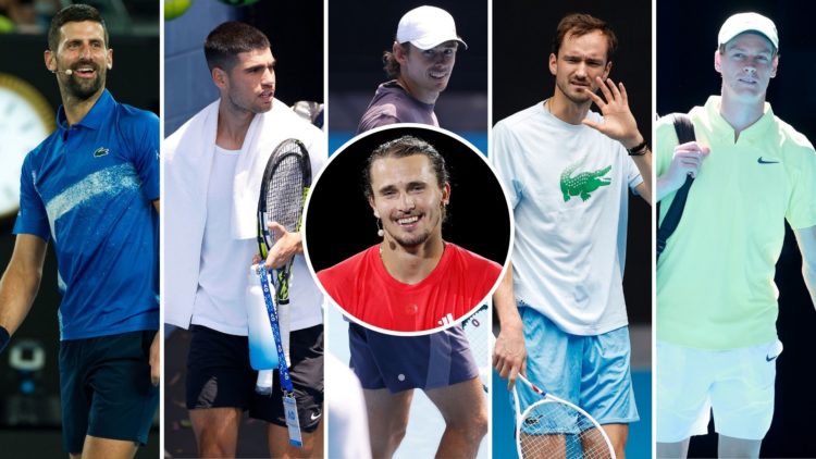 Novak Djokovic, Carlos Alcaraz, Daniil Medvedev, Alex de Minaur, and Jannik Sinner (all at the Australian Open) with an inset of Alexander Zverev