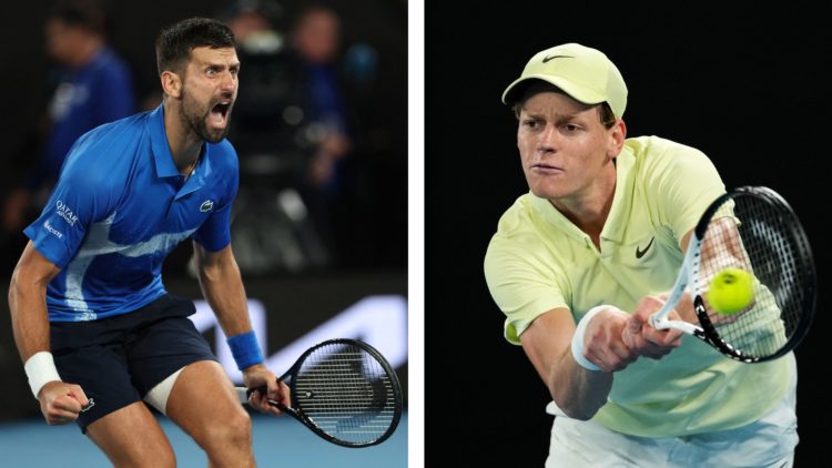 Novak Djokovic (left) celebrates the match point against Spain's Carlos Alcaraz at the 2025 Australian Open. Jannik Sinner (right) plays a backhand...