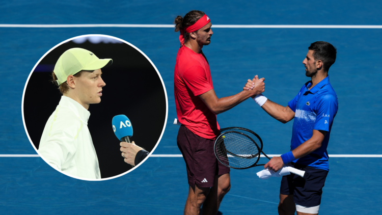 Novak Djokovic and Alexander Zverev at the net after their match at the 2025 Australian Open with an inset of Jannik Sinner