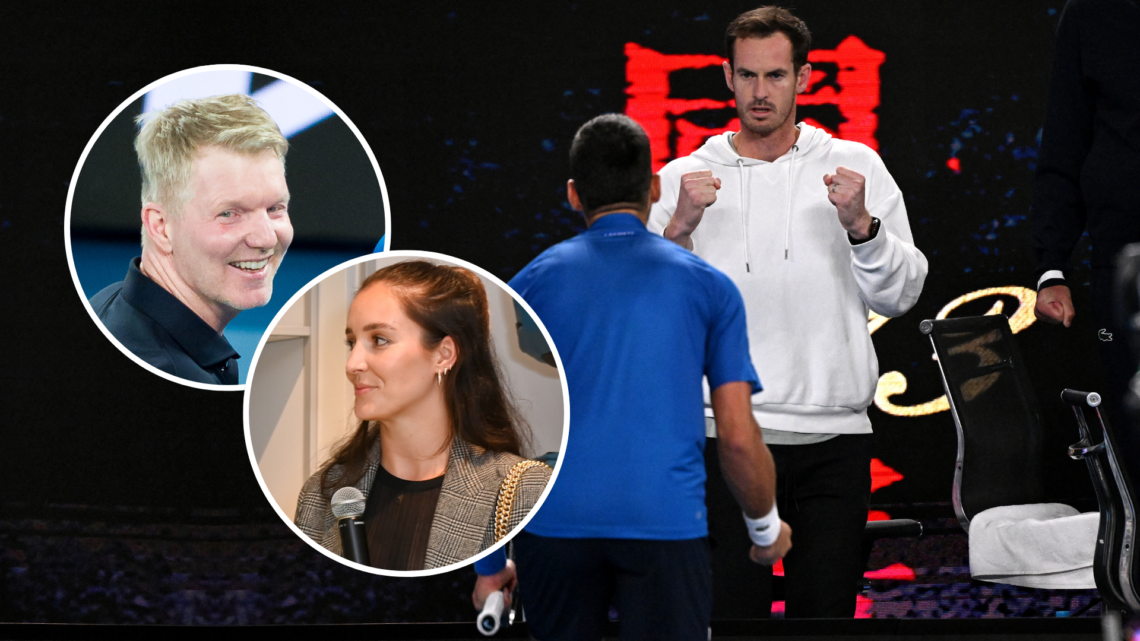 Novak Djokovic and Andy Murray at the Australian Open together with insets of Jim Courier and Laura Robson