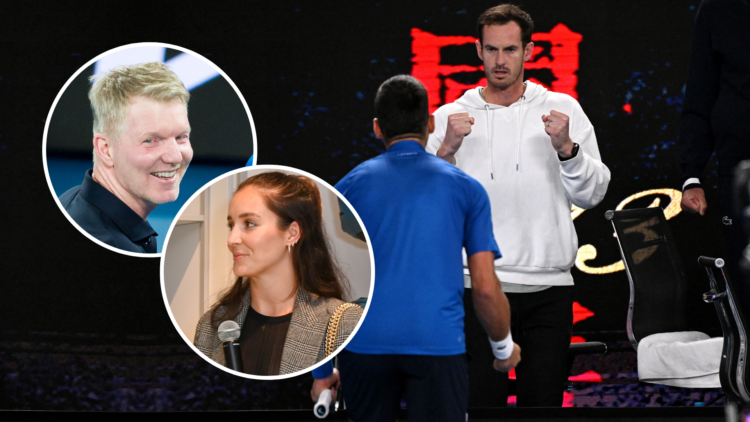 Novak Djokovic and Andy Murray at the Australian Open together with insets of Jim Courier and Laura Robson