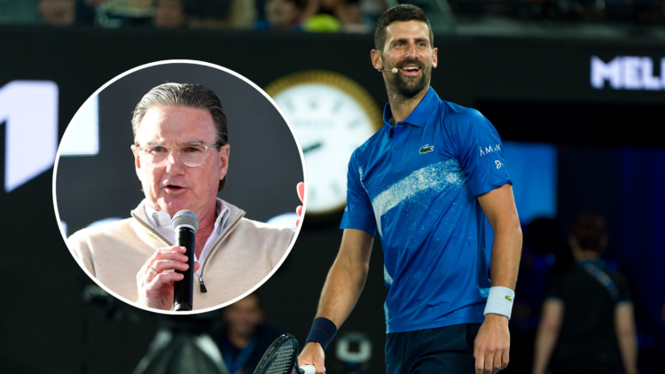 Novak Djokovic at the 2025 Australian Open with Jimmy Connors as an inset