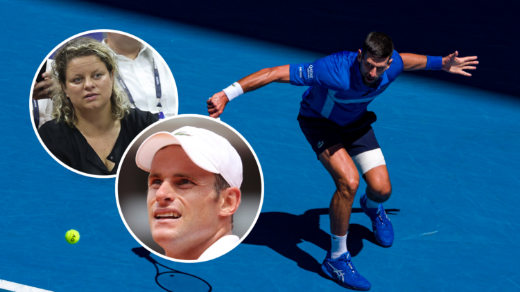 Novak Djokovic struggling with injury at the Australian Open with insets of Andy Roddick and Kim Clijsters