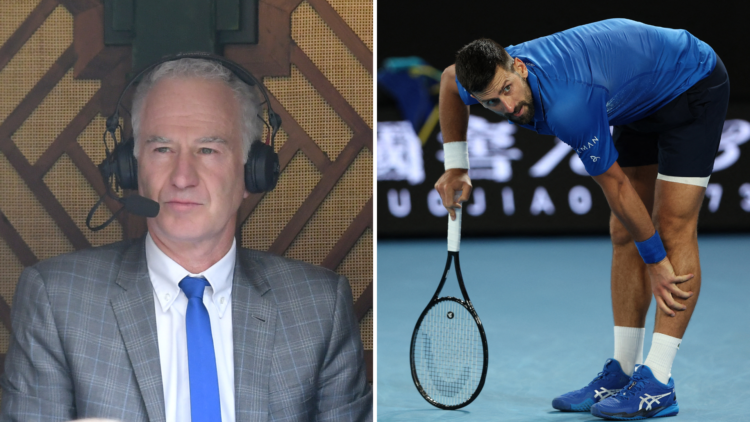 Novak Djokovic suffering from an injury in his match today alongside an image of John McEnroe commentating