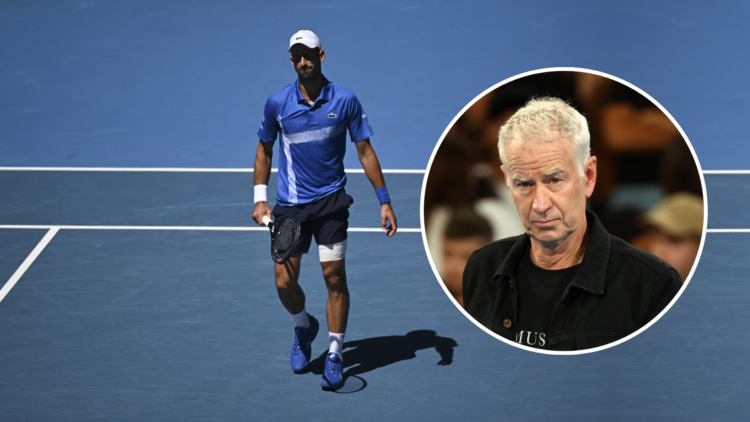 Novak Djokovic walking off court at the Australian Open today, with an inset of John McEnroe