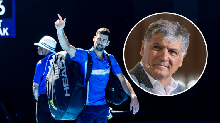 Novak Djokovic waving to the crowd as he leaves the court after his Australian Open semi-final match, with an inset of Toni Nadal