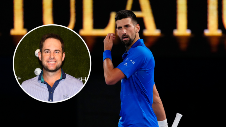 Novak Djokovic with Andy Roddick as an inset