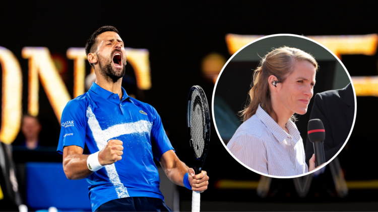 Novak Djokovic's latest win at the Australian Open, with an inset of Justine Henin