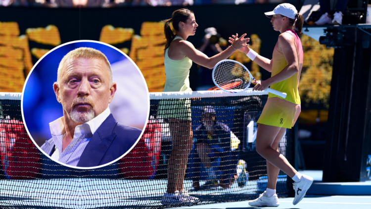 Poland's Iga Swiatek (R) shakes hands with USA's Emma Navarro with an inset of Boris Becker