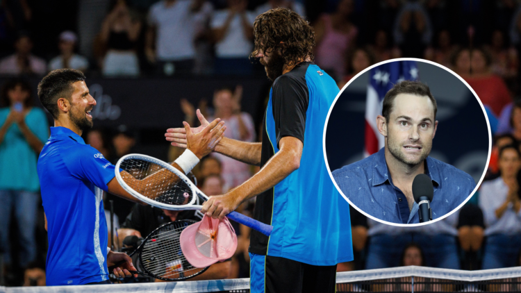 Reilly Opelka and Novak Djokovic with an inset of Andy Roddick