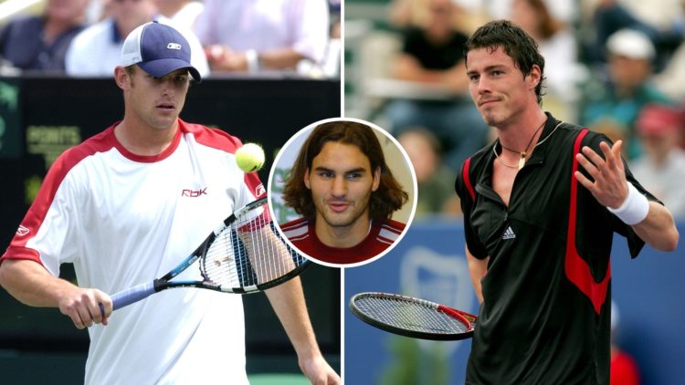 Split image of Andy Roddick and Marat Safin circa 2004. Inset, Roger Federer speaking.