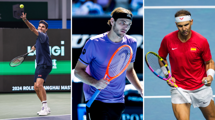 Split of Roger Federer (L), Rafael Nadal (R) and an image of Taylor Fritz in the middle