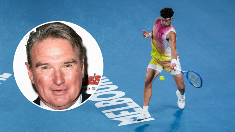 Shelton in action at the 2025 Australian Open with an inset of Jimmy Connors