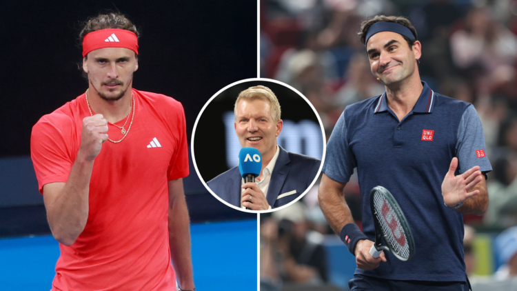 Split image Alexander Zverev and Roger Federer with an inset of Jim Courier
