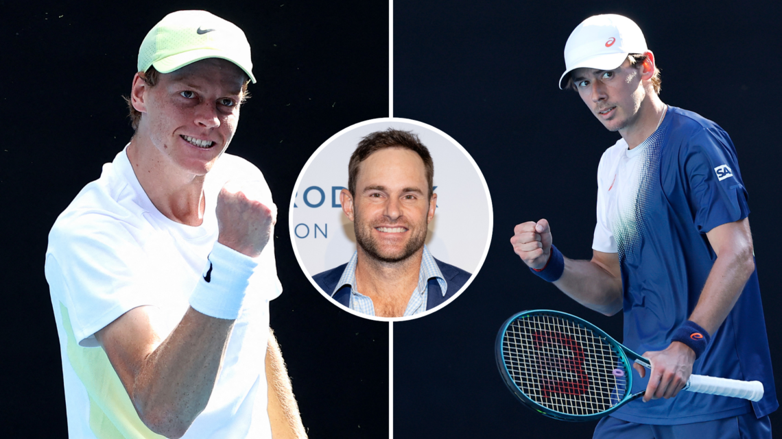 Split image of Alex de Minaur and Jannik Sinner (Both at 2025 Australian Open) with an inset of Andy Roddick