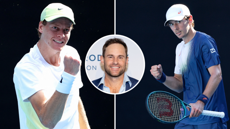 Split image of Alex de Minaur and Jannik Sinner (Both at 2025 Australian Open) with an inset of Andy Roddick