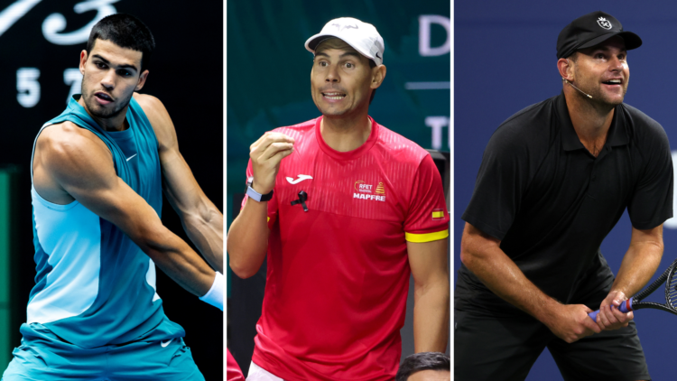 Split image of Carlos Alcaraz (L), Rafael Nadal (M) and Andy Roddick (R)