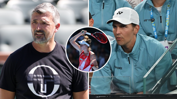 Split image of Goran Ivanisevic and Stefano Vukov with an inset of Elena Rybakina